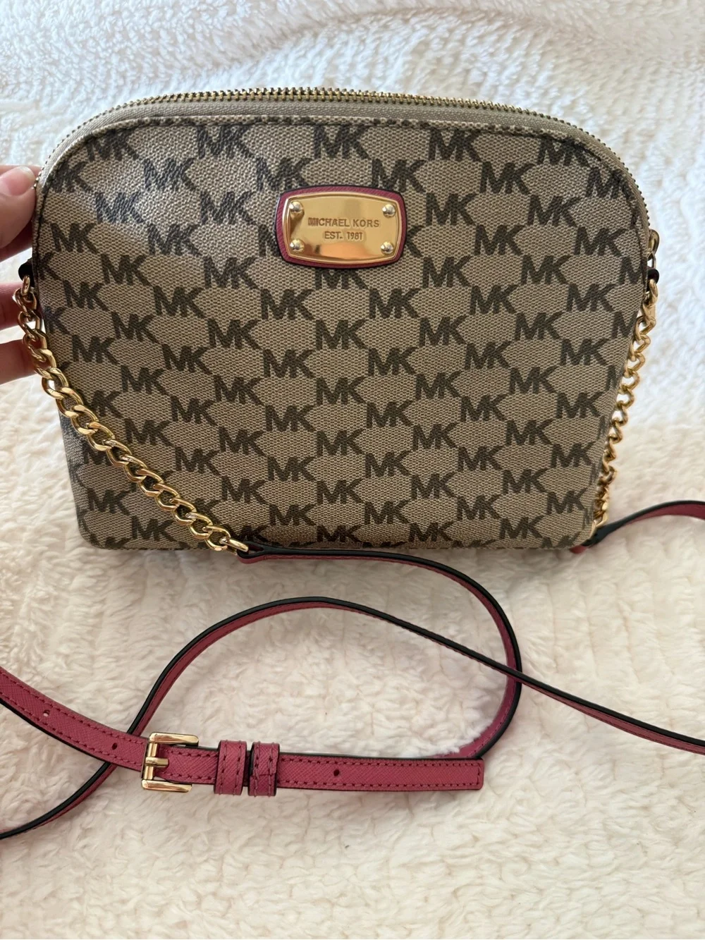 Michael Kors Beige Brown Logo Crossbody with Pink Strap